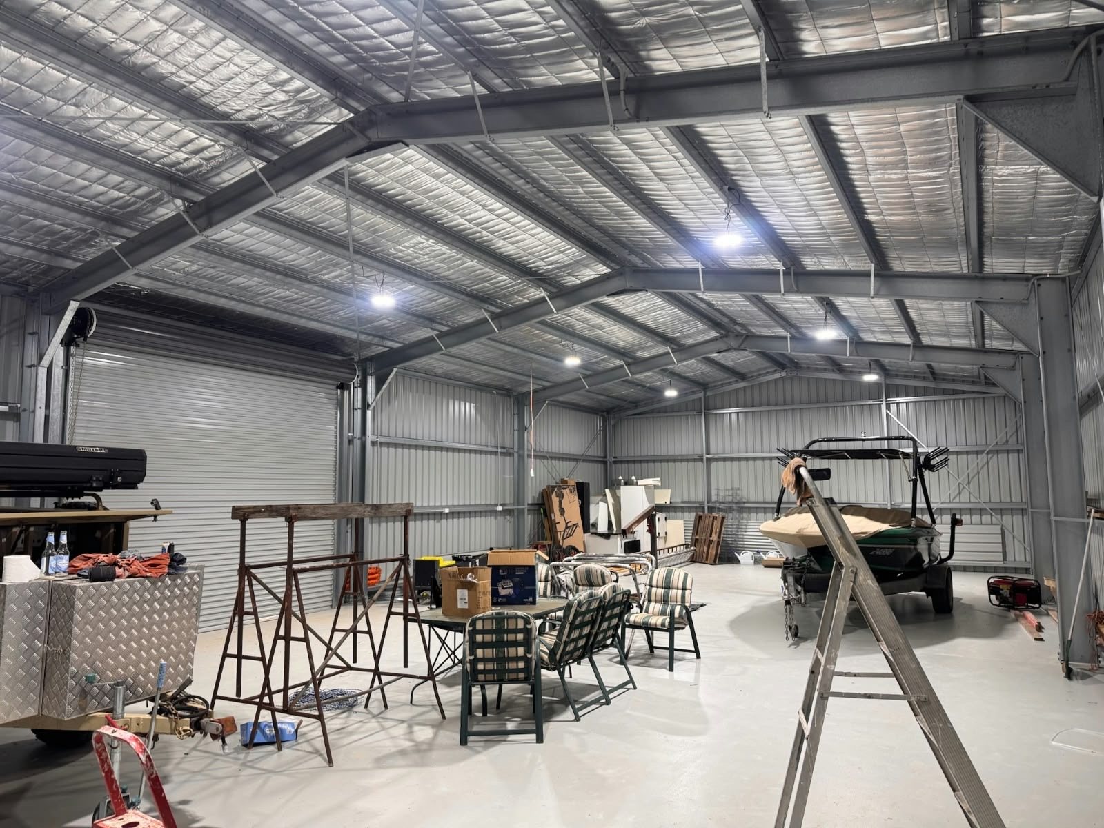 Large insulated shed lit with LED high bays, wired by MVS Connect in North-West Tasmania